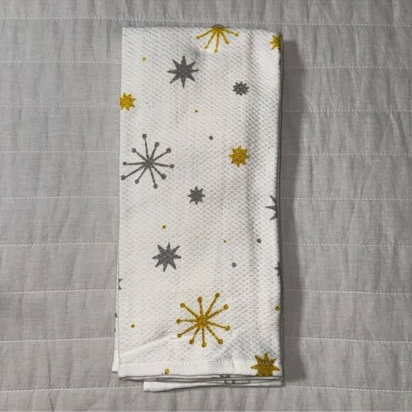 kate spade Christmas Star White Gold Silver Gray Cotton Kitchen 2 Towel Set - Picture 2 of 8